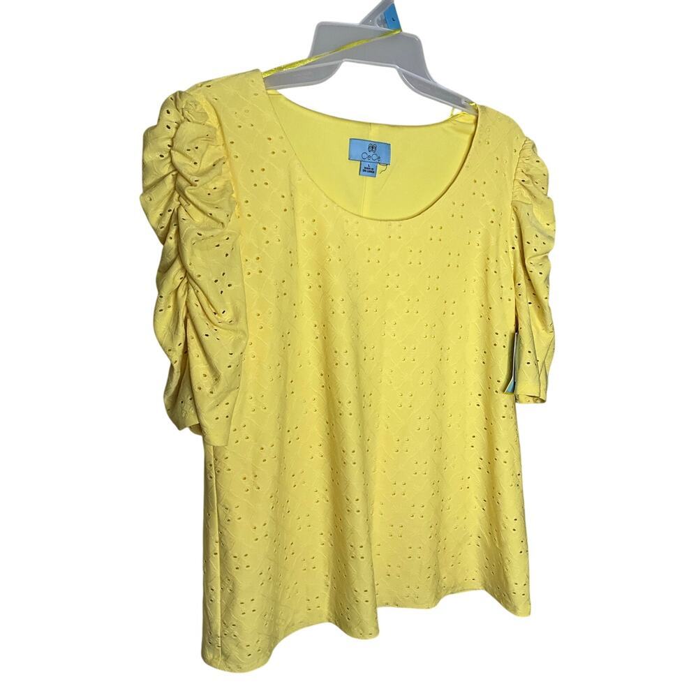 CeCe Eyelet Top Ruched Sleeves Scoop Neck Fully Lined Yellow Womens Size L NWT